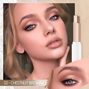 Makeup product with a model applying it, featuring 'Chestnut Brown' color.