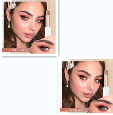 Makeup product with a woman applying it, featuring 'Maple Leaf' color swatch.