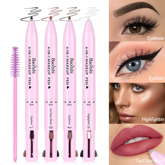 Set of four pink makeup pens with close-up examples of their use on eyes, eyebrows, and lips.