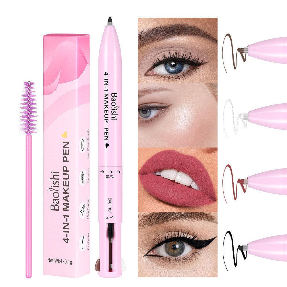 Makeup pen with packaging and application examples on a white background
