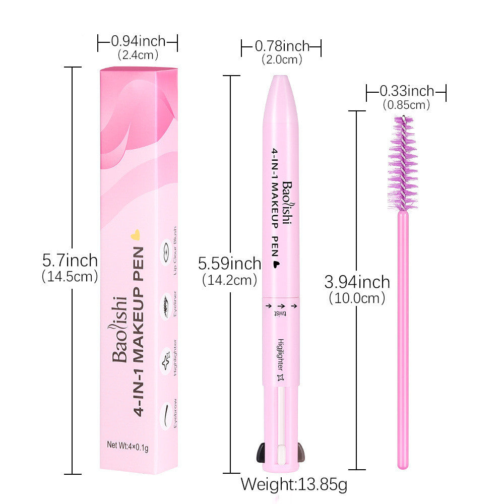 Measurement chart of a pink makeup pen with its packaging and brush attachment on a white background.