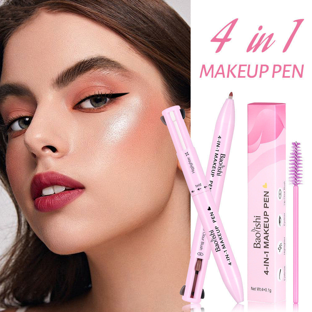 Makeup pen with packaging and a close-up of a woman applying makeup.
