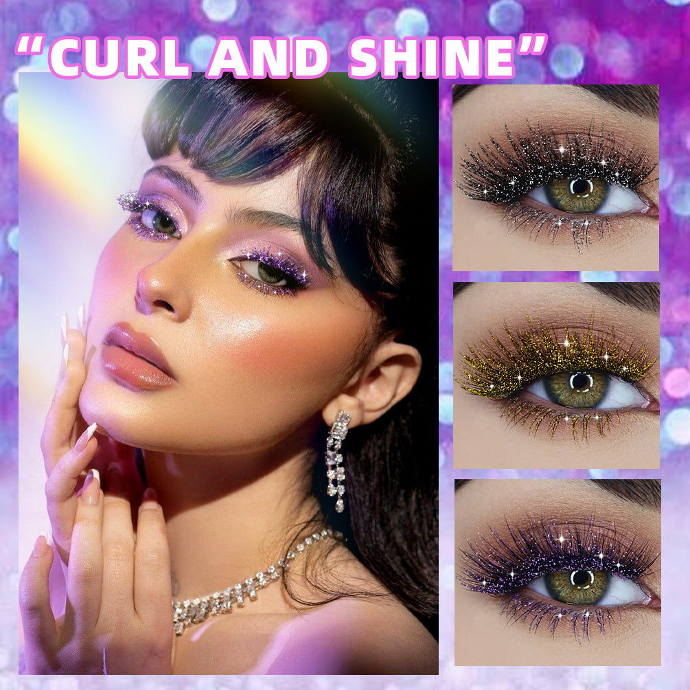 Collage of a woman with glittery makeup and jewelry against a purple background with 'Curl and Shine' text.
