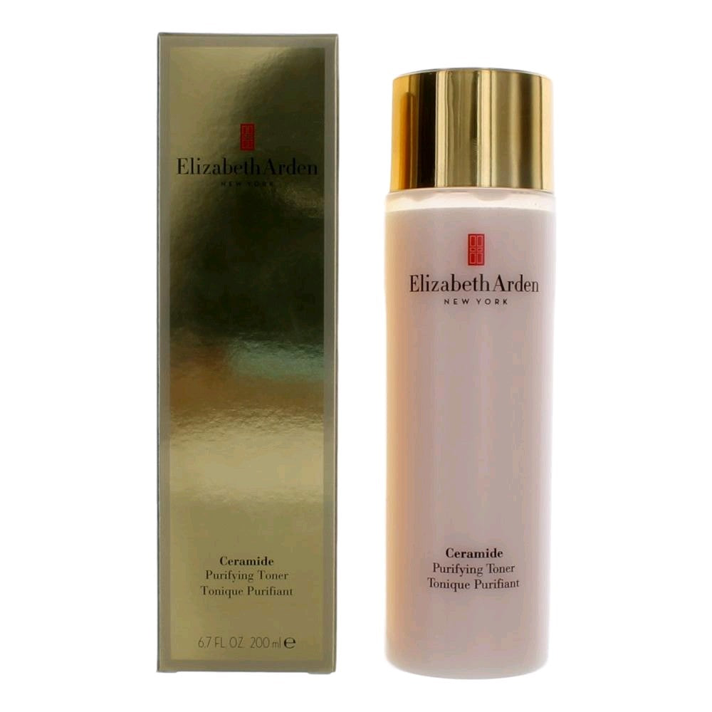 Purifying toner bottle with gold cap and cream label, Ceramide by Elizabeth Arden