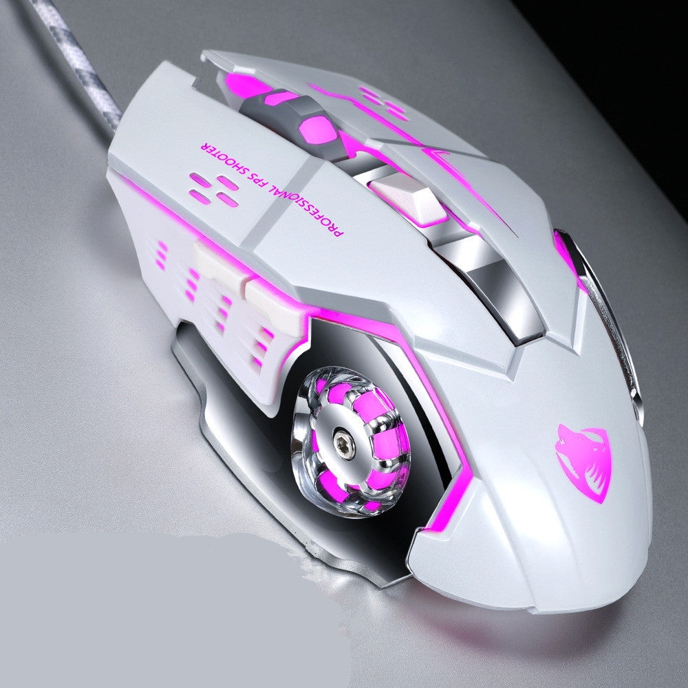 White gaming mouse with pink accents on a gray background