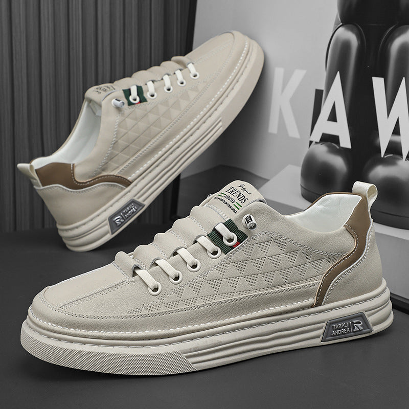 A pair of beige and white men's casual shoes with a low heel and low top design, featuring a round toe and an elastic band.