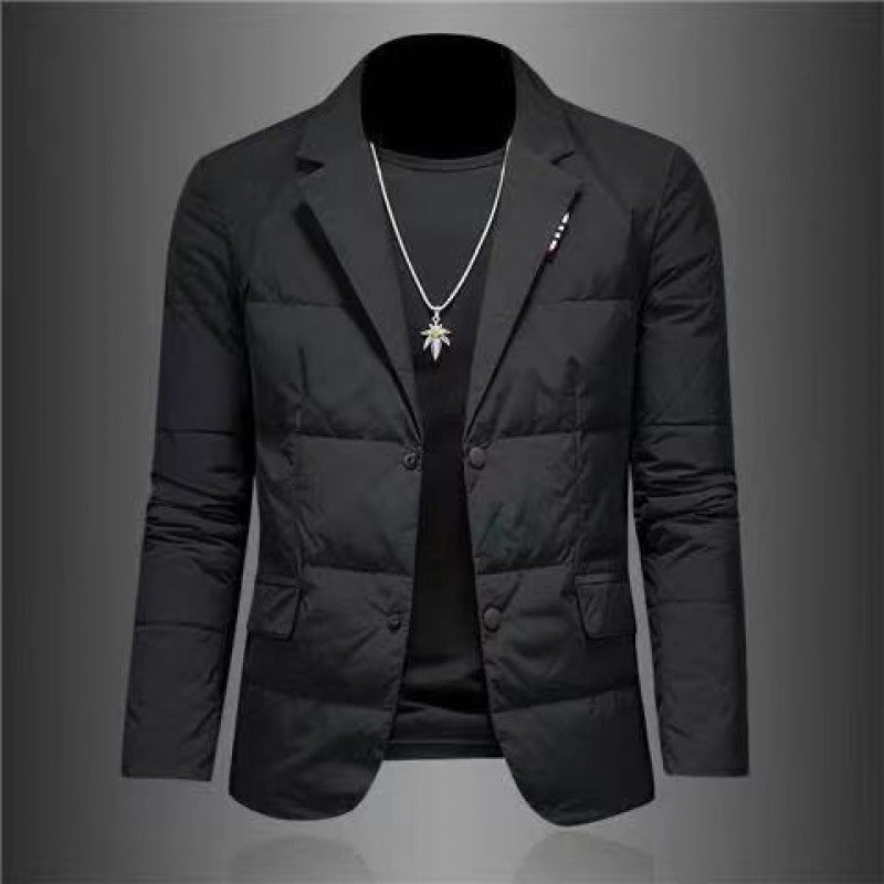 Black puffer jacket on a dark gray background