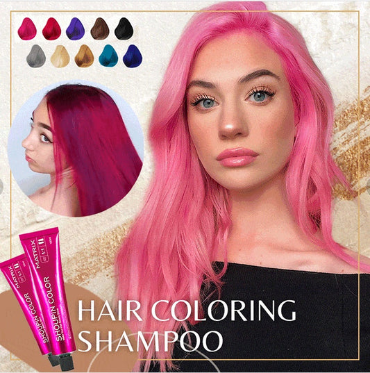 Woman with pink hair and hair coloring shampoo products on a textured background