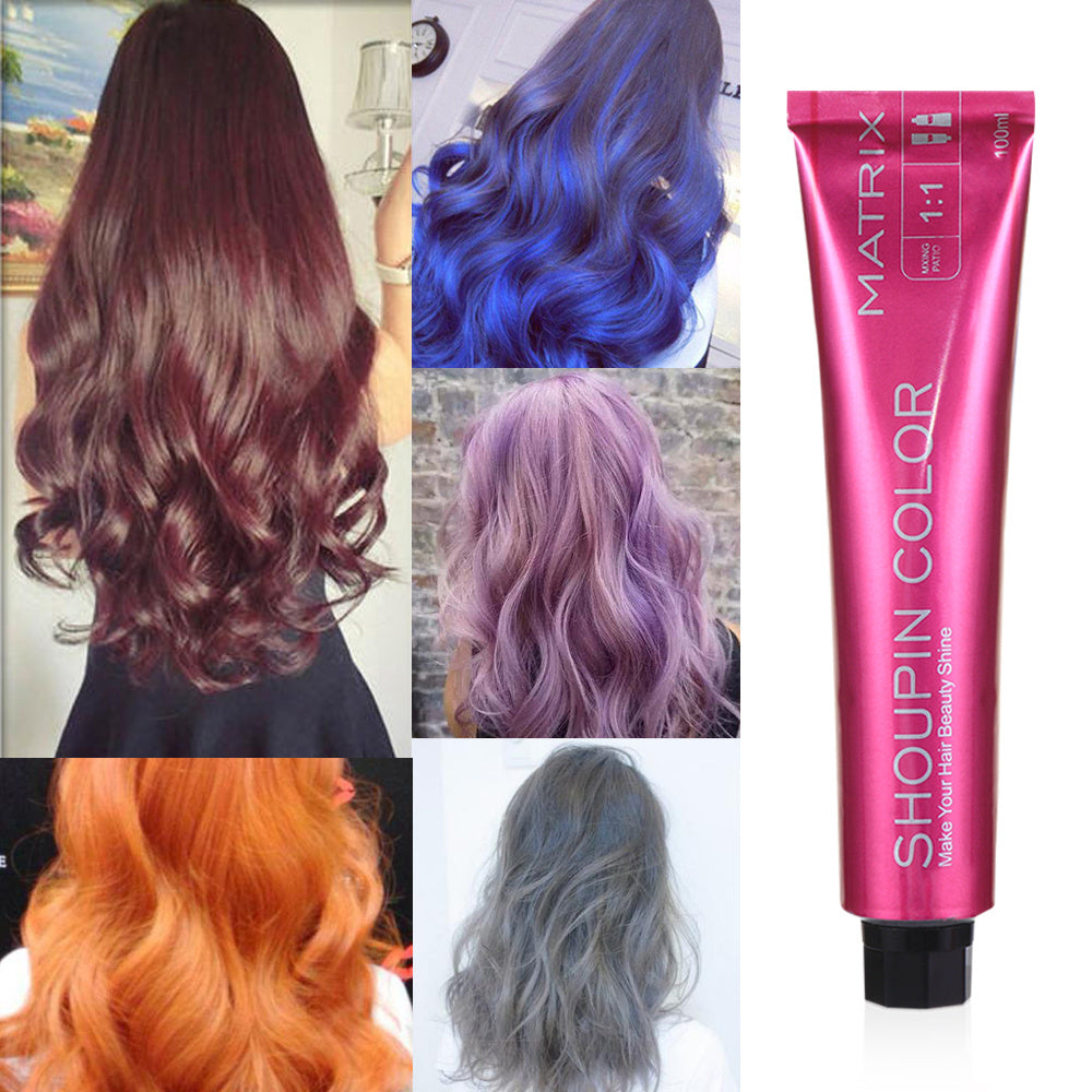 Collage of colorful hair dye results with Matrix Shoupin Color product.