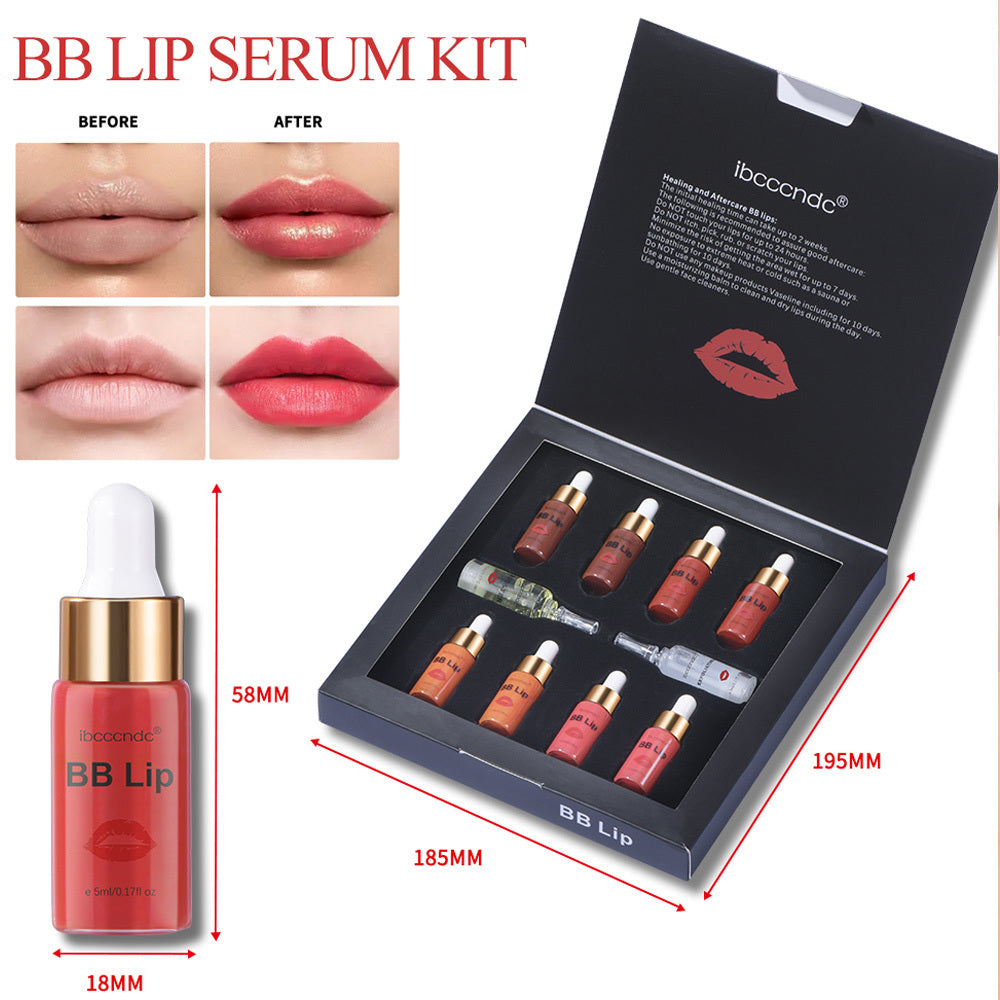 BB Lip Serum Kit with before and after effects on lips, product packaging, and measurements.