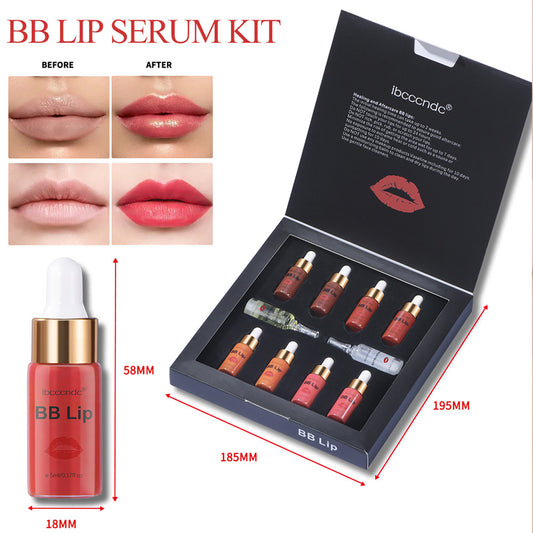 BB Lip Serum Kit with before and after effects on lips, product packaging, and measurements.