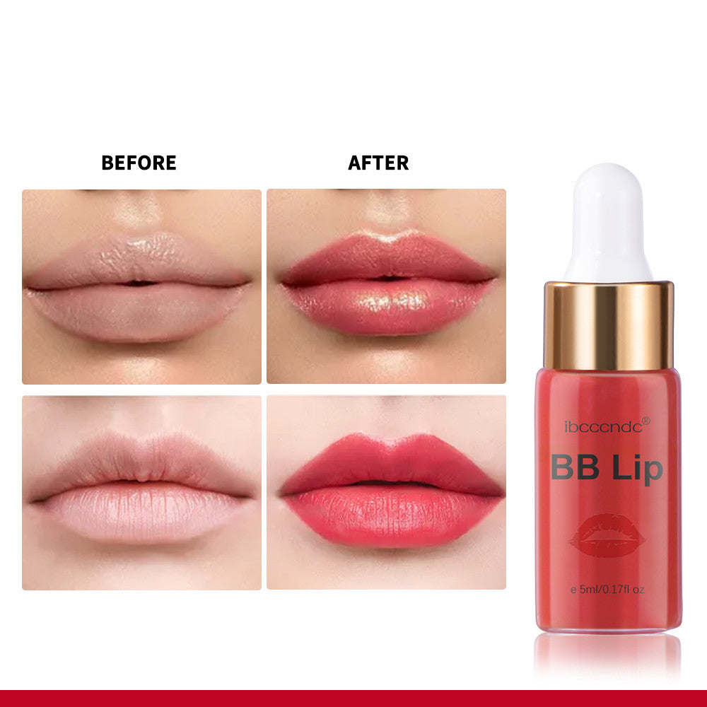 Before and after comparison of lips with BB Lip product application, featuring a bottle of ibeacende BB Lip on a white background.