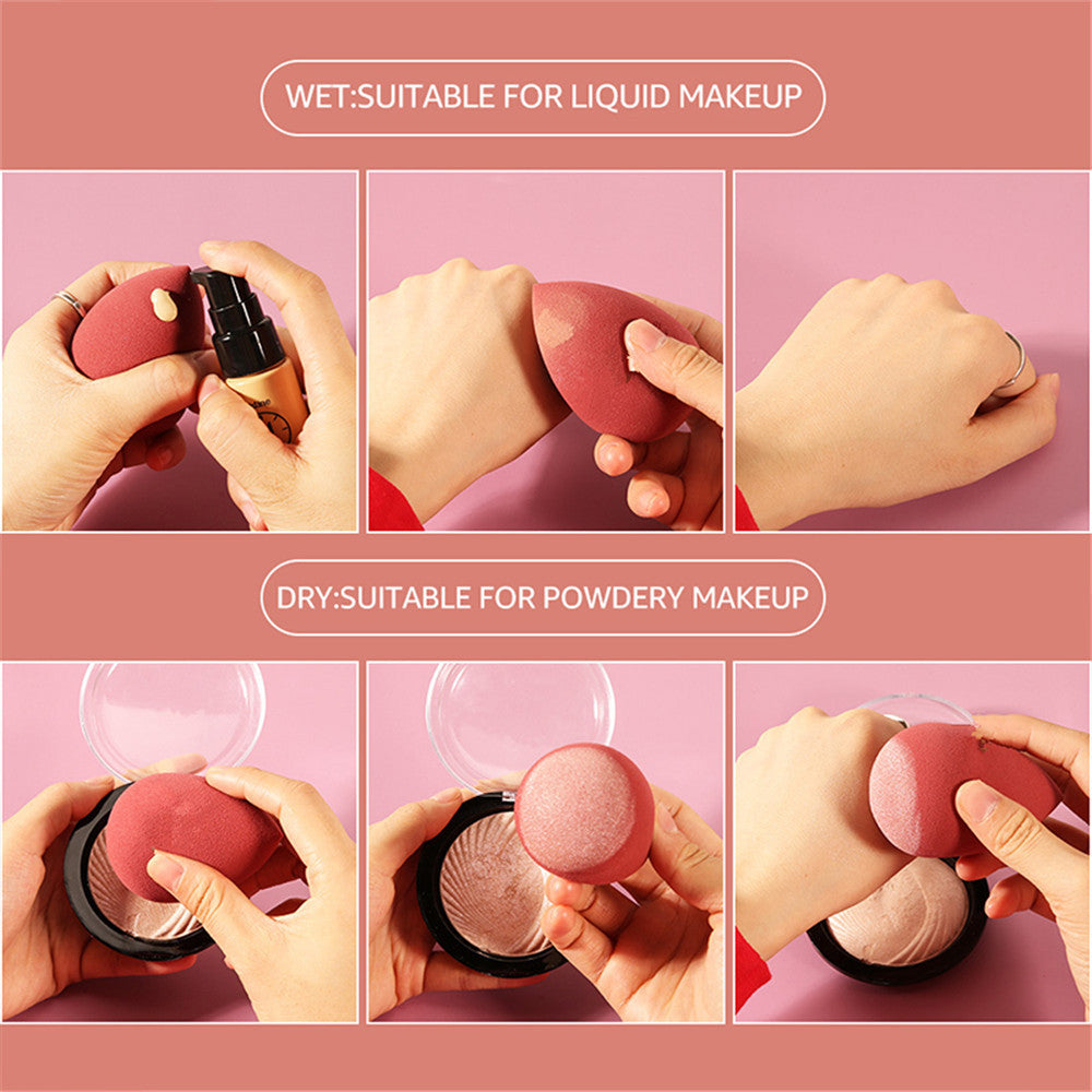 Collage of a makeup sponge being used for liquid and powdery makeup on a pink background.
