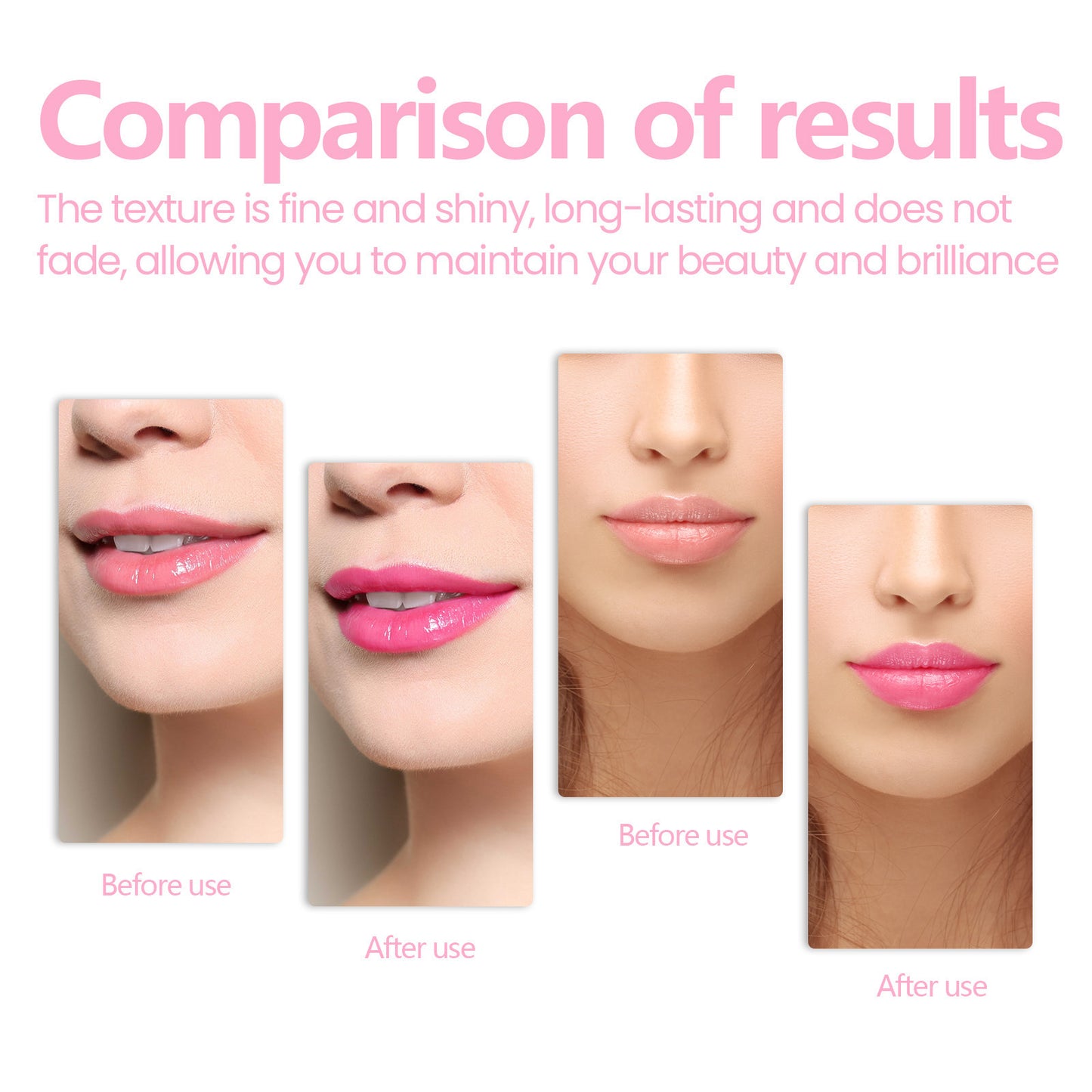 Comparison of lips before and after use with pink text on a white background