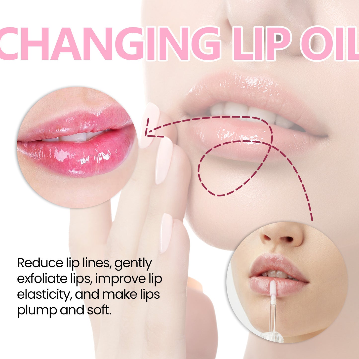 Advertisement for lip oil with close-up of lips and text about product benefits.