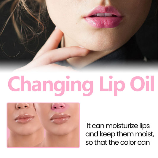 Advertisement for lip oil with close-up of lips and text about moisturizing and color retention.