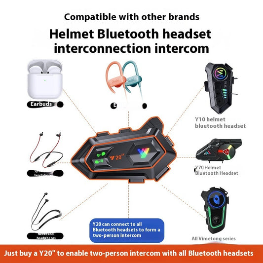 Helmet Bluetooth headset interconnection diagram with various headsets and earbuds.