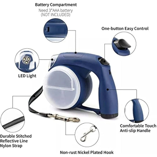 Blue retractable leash collar with LED light, one-button control, non-rust hook, and grip