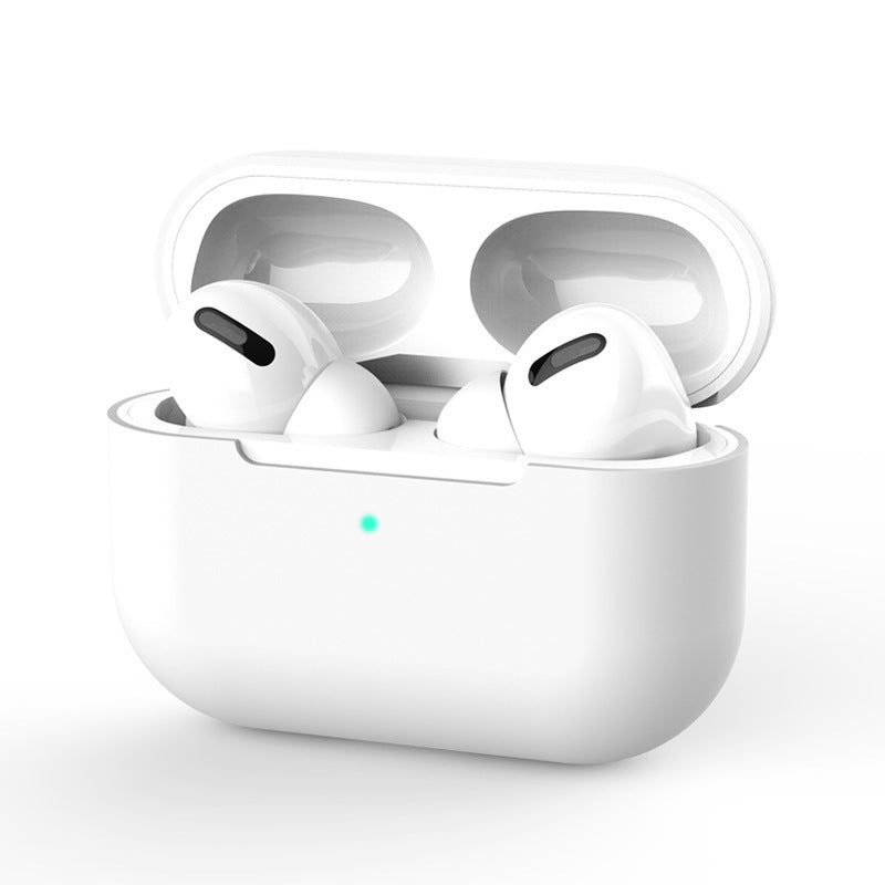 Wireless earbuds in a white charging case on a light gray background