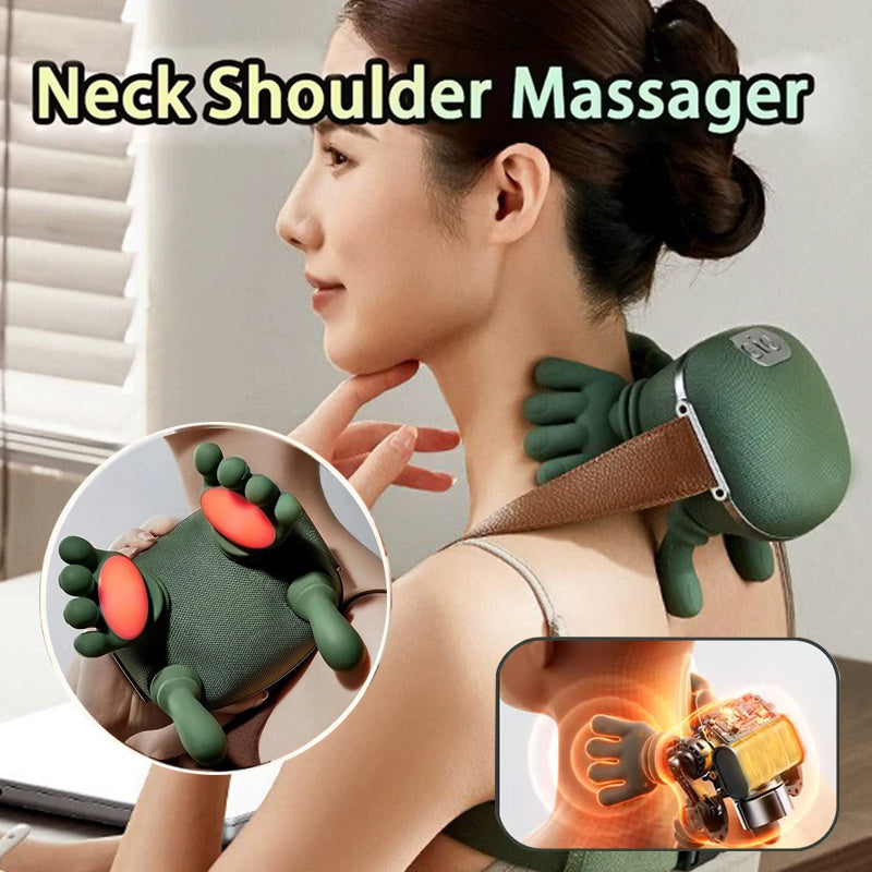Woman using a neck shoulder massager with close-up details on a neutral background
