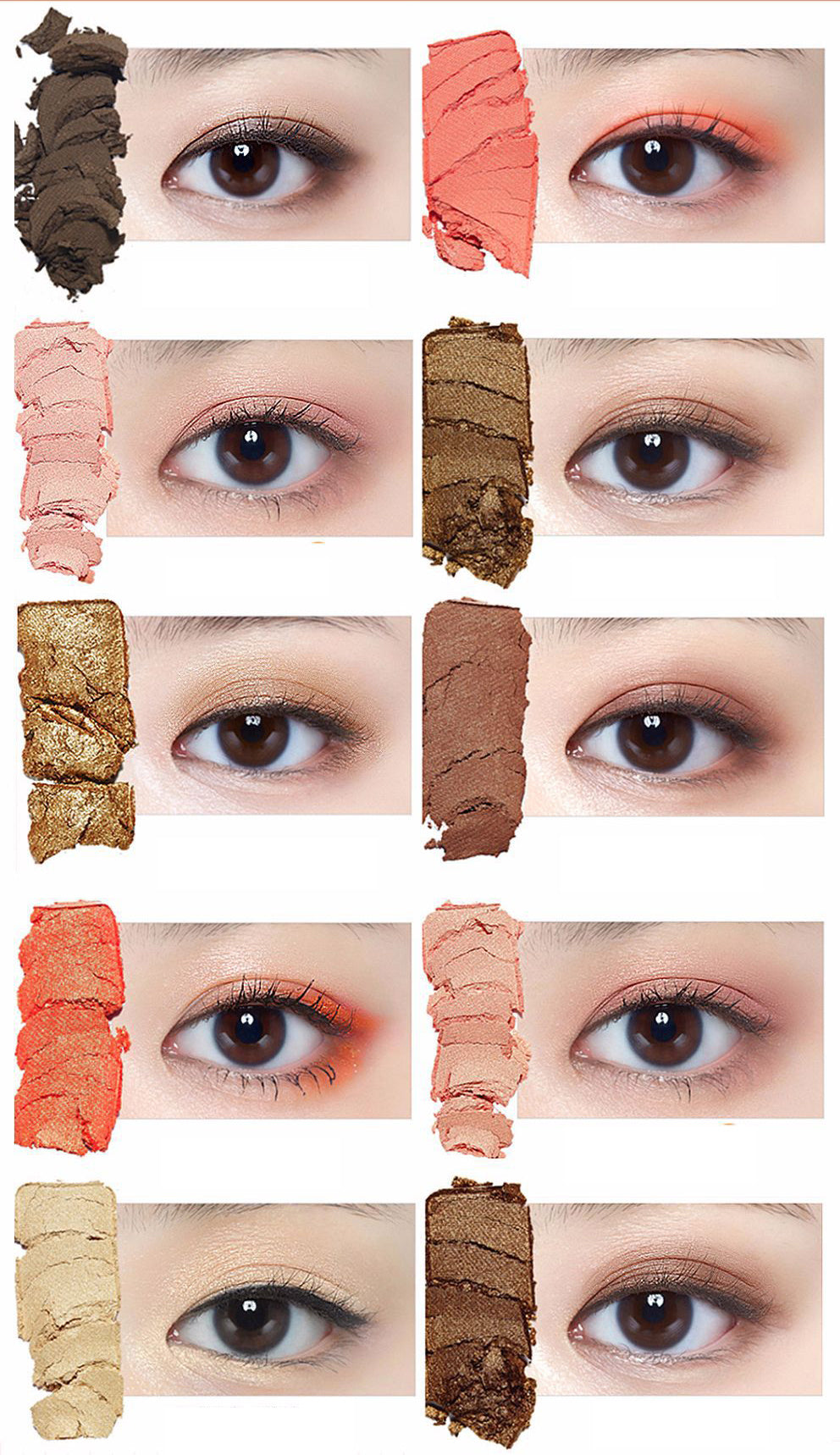 Makeup swatches applied to eyes with close-up views of each color.