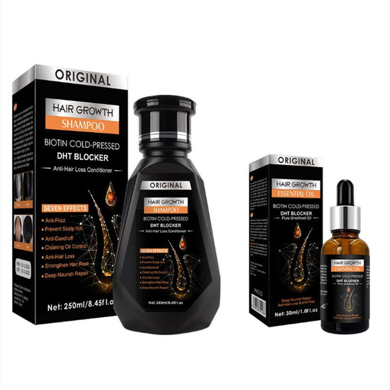 Hair growth shampoo and oil with packaging on a white background