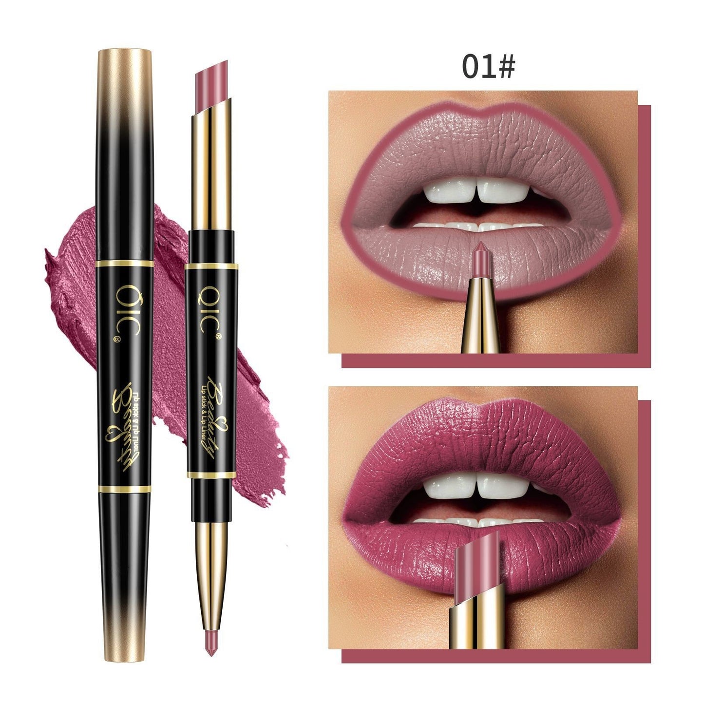 Lipstick with gold cap and black body, shown on a white background with close-up of lips wearing the lipstick.