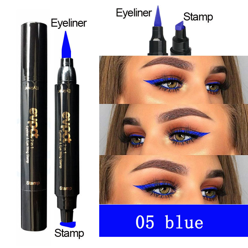Eyeliner with stamp and blue eye makeup application on a white background