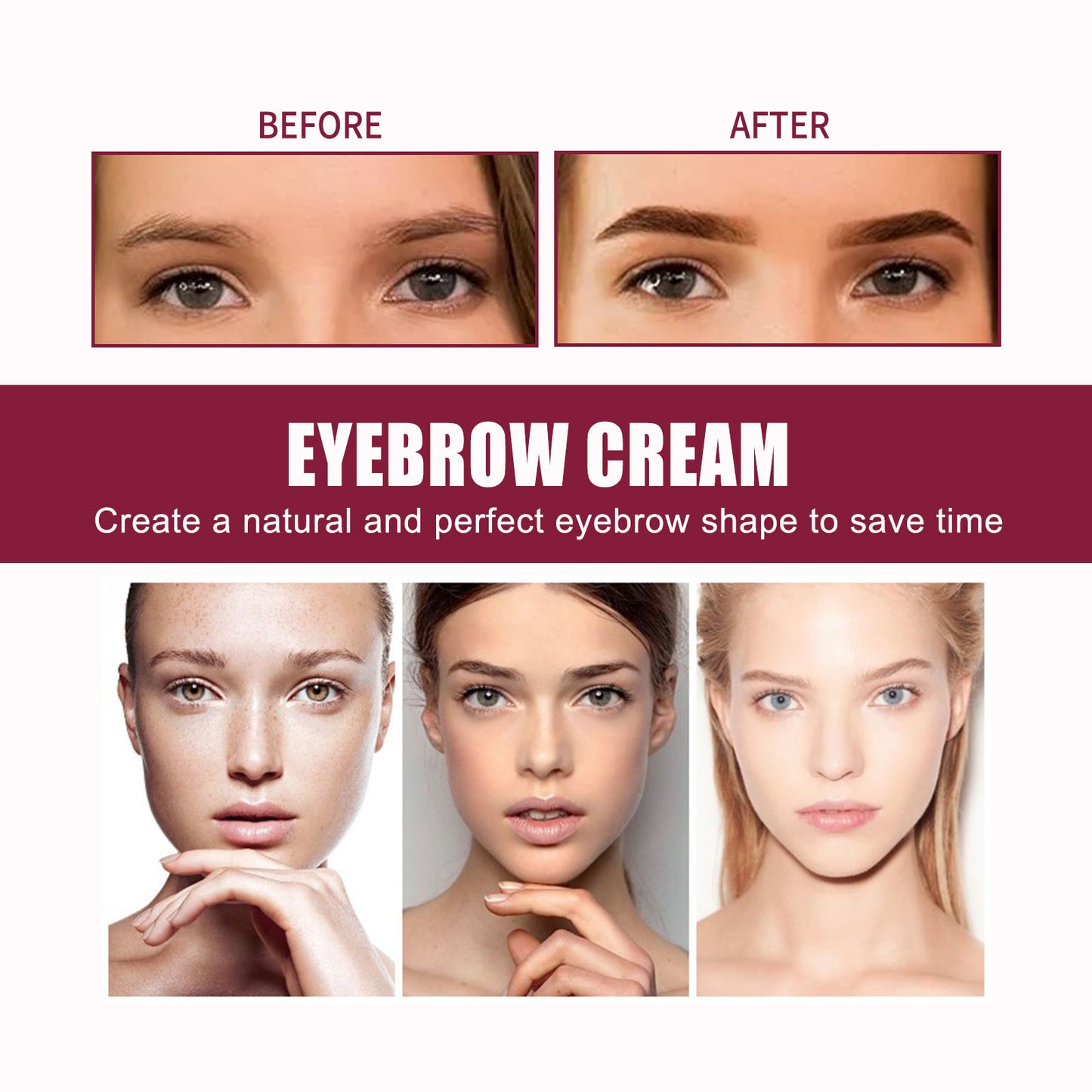 Before and after comparison of eyebrow cream application on a woman's face.