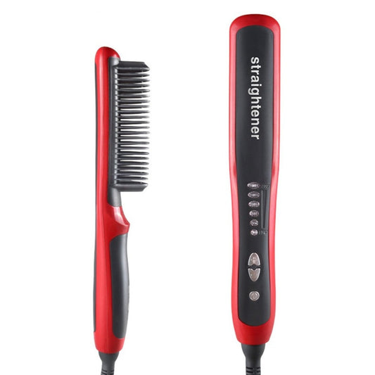 Red and black hair straightener on a white background