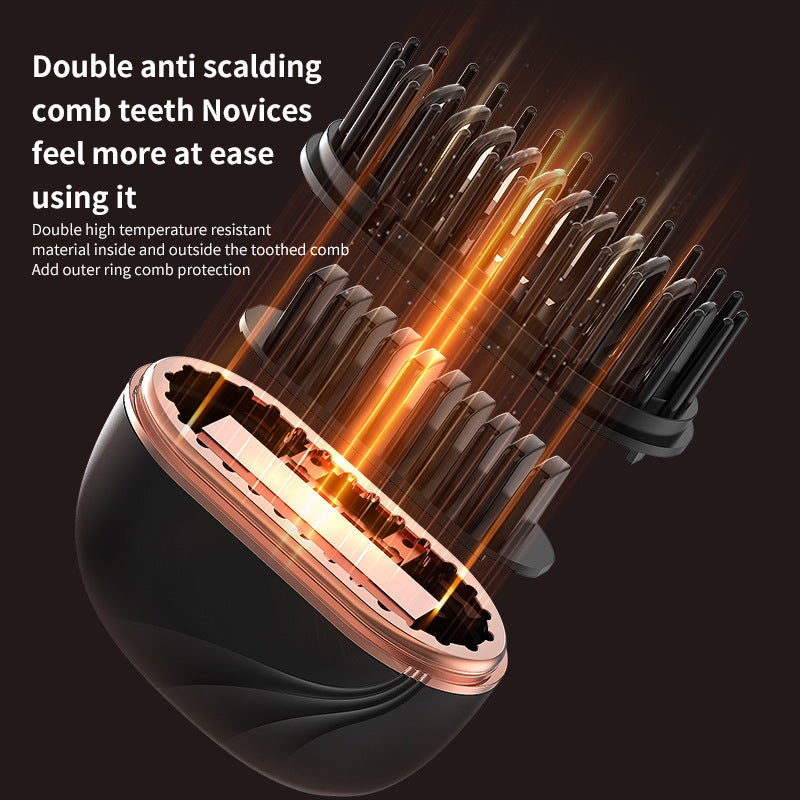 Hair dryer nozzle with glowing interior, text about anti-scalping comb teeth.