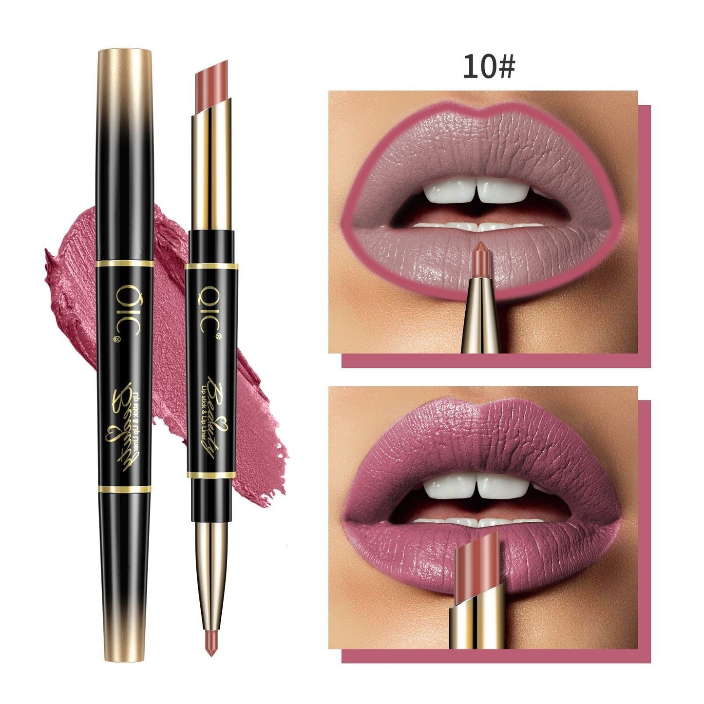 Lipstick with gold cap and black body, shown on a white background with close-up of lips wearing the shade.