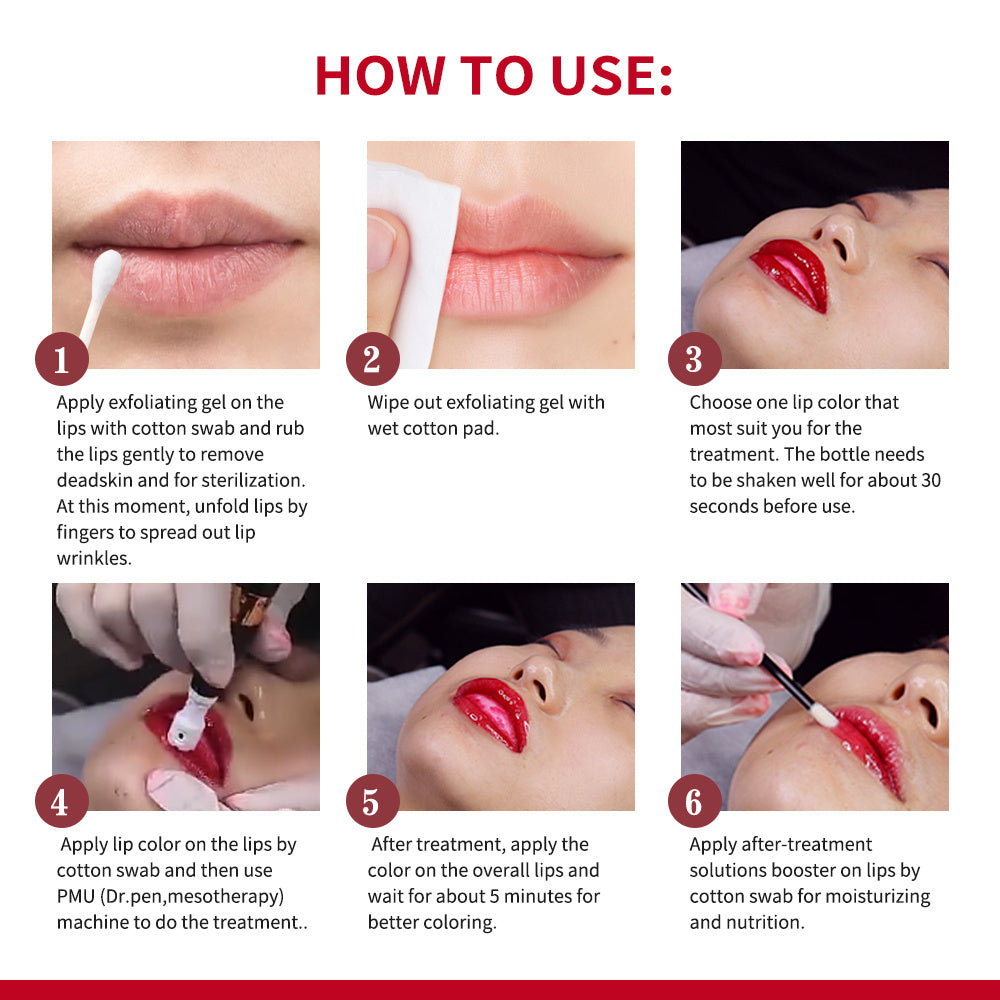 Step-by-step guide on how to use lip treatment with images and text.