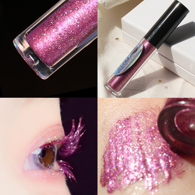 Collage of a pink glittery lip gloss with close-ups, packaging, and application on skin.