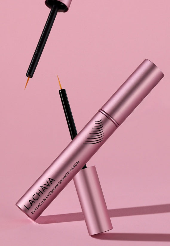LACHAVA eyelash and eyebrow growth serum with applicators on a pink background
