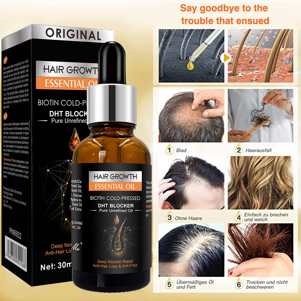 Hair growth essential oil with packaging and usage instructions on a beige background