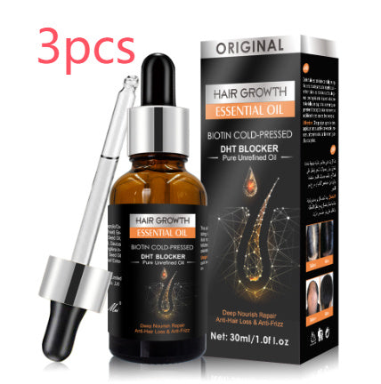 Hair growth essential oil with dropper and packaging on a white background