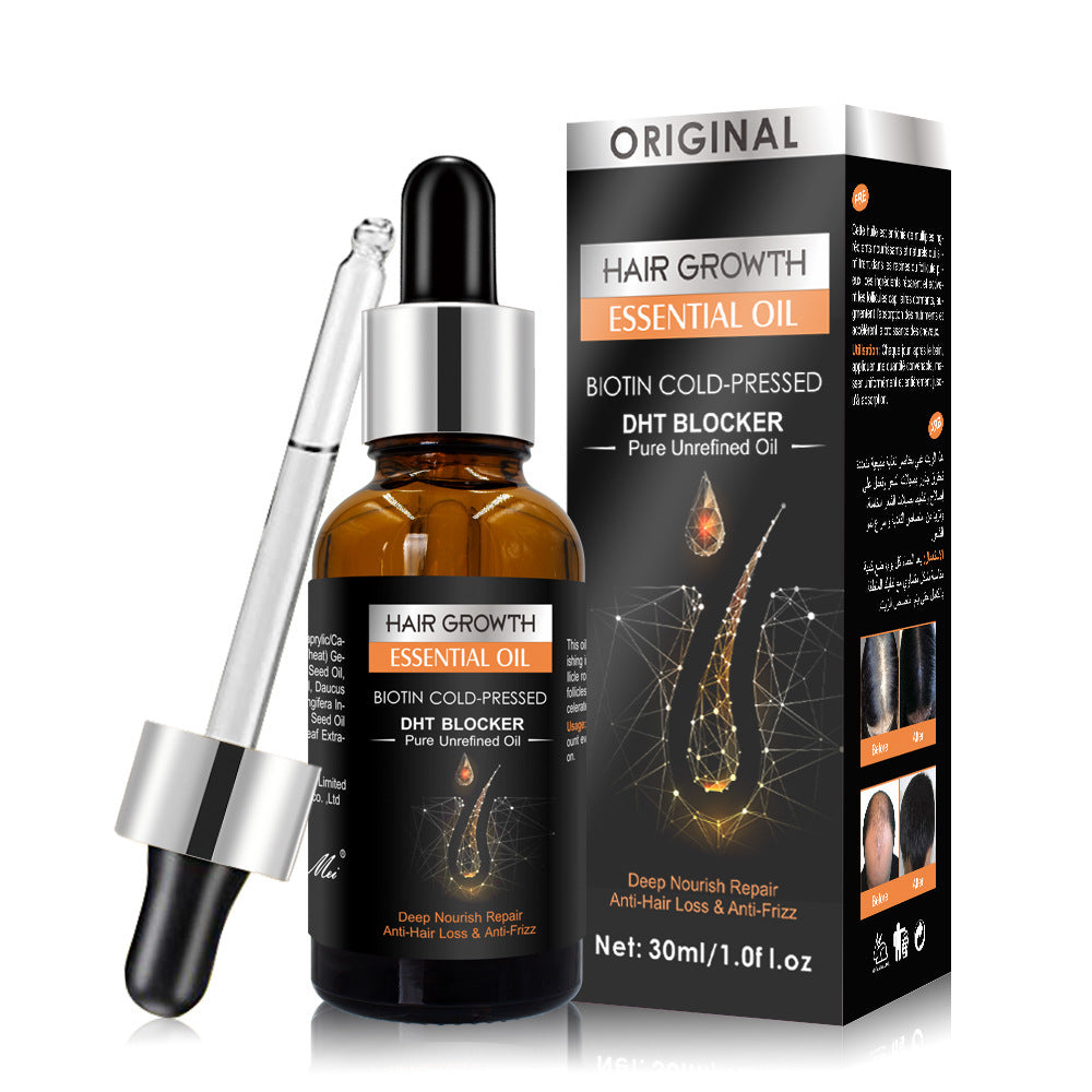 Hair growth essential oil bottle with dropper and packaging on a white background