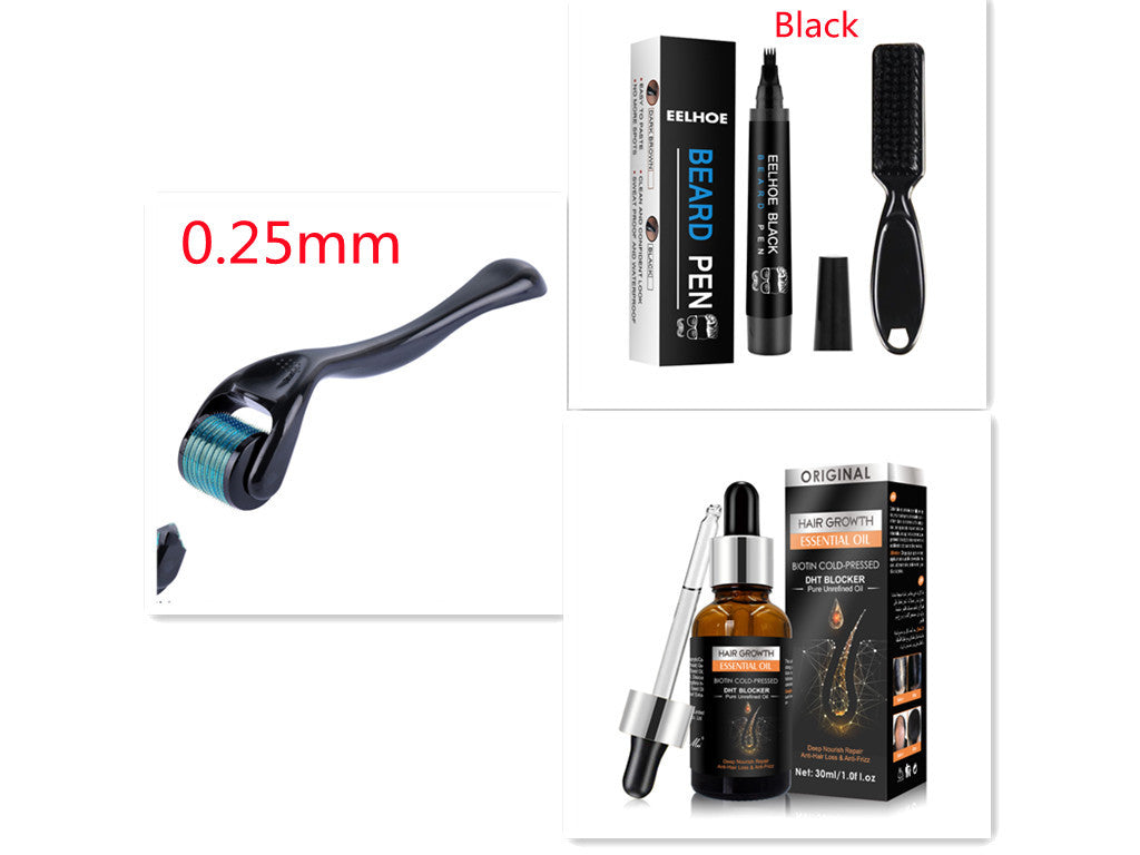 Collection of hair care products including a roller, pen, and serum with packaging on a white background.