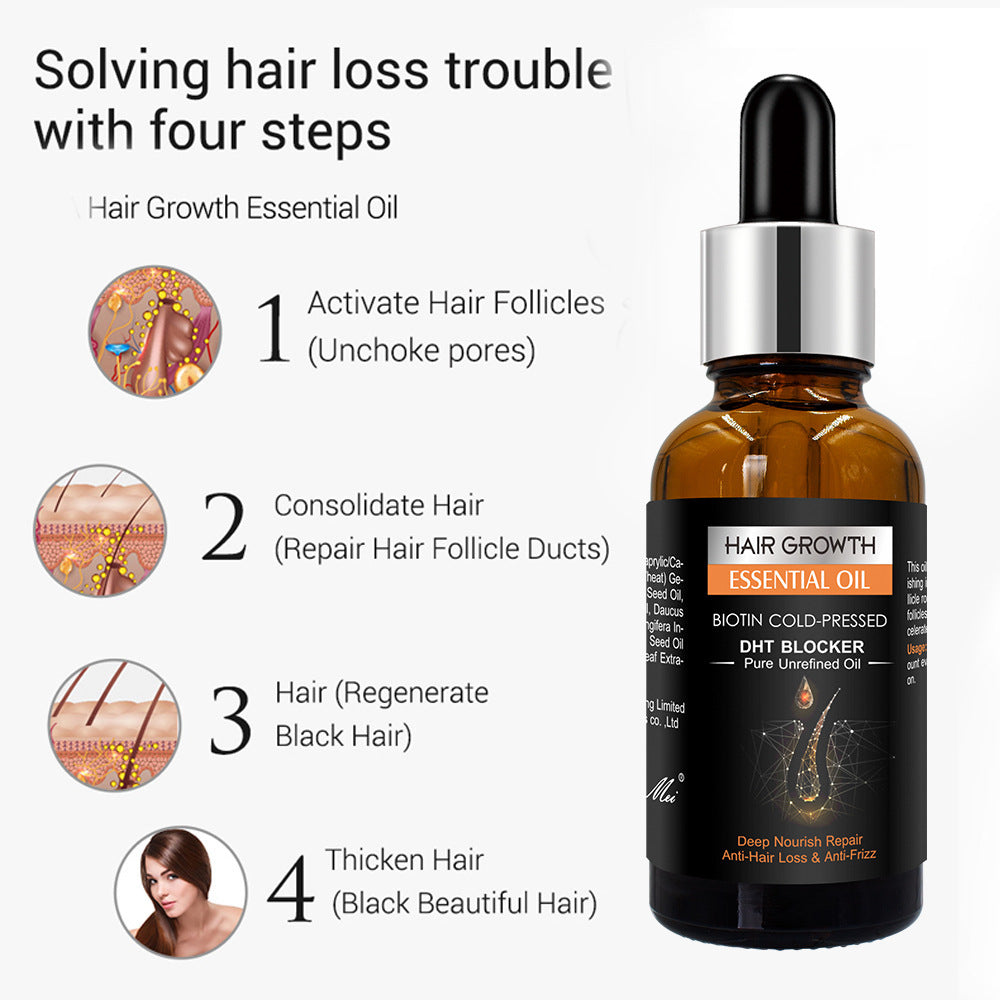 Hair growth essential oil bottle with step-by-step process on a white background