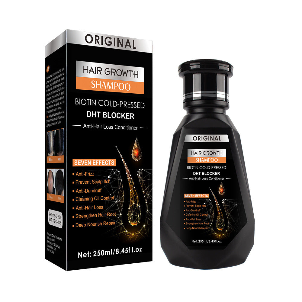 Hair growth shampoo bottle and packaging on a white background