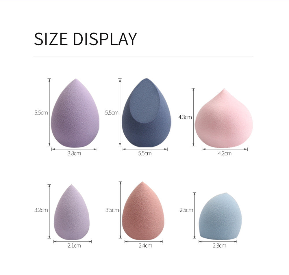 Size display of different shaped makeup sponges with measurements on a white background
