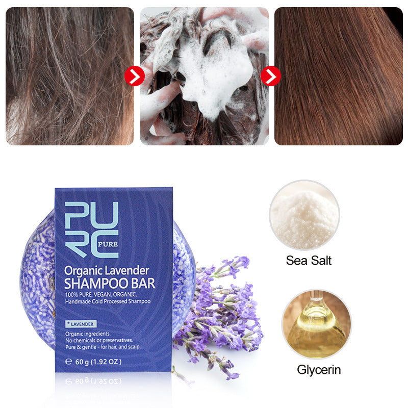 Collage of a PURC Organic Lavender Shampoo Bar with images of hair before and after use, sea salt, and glycerin.