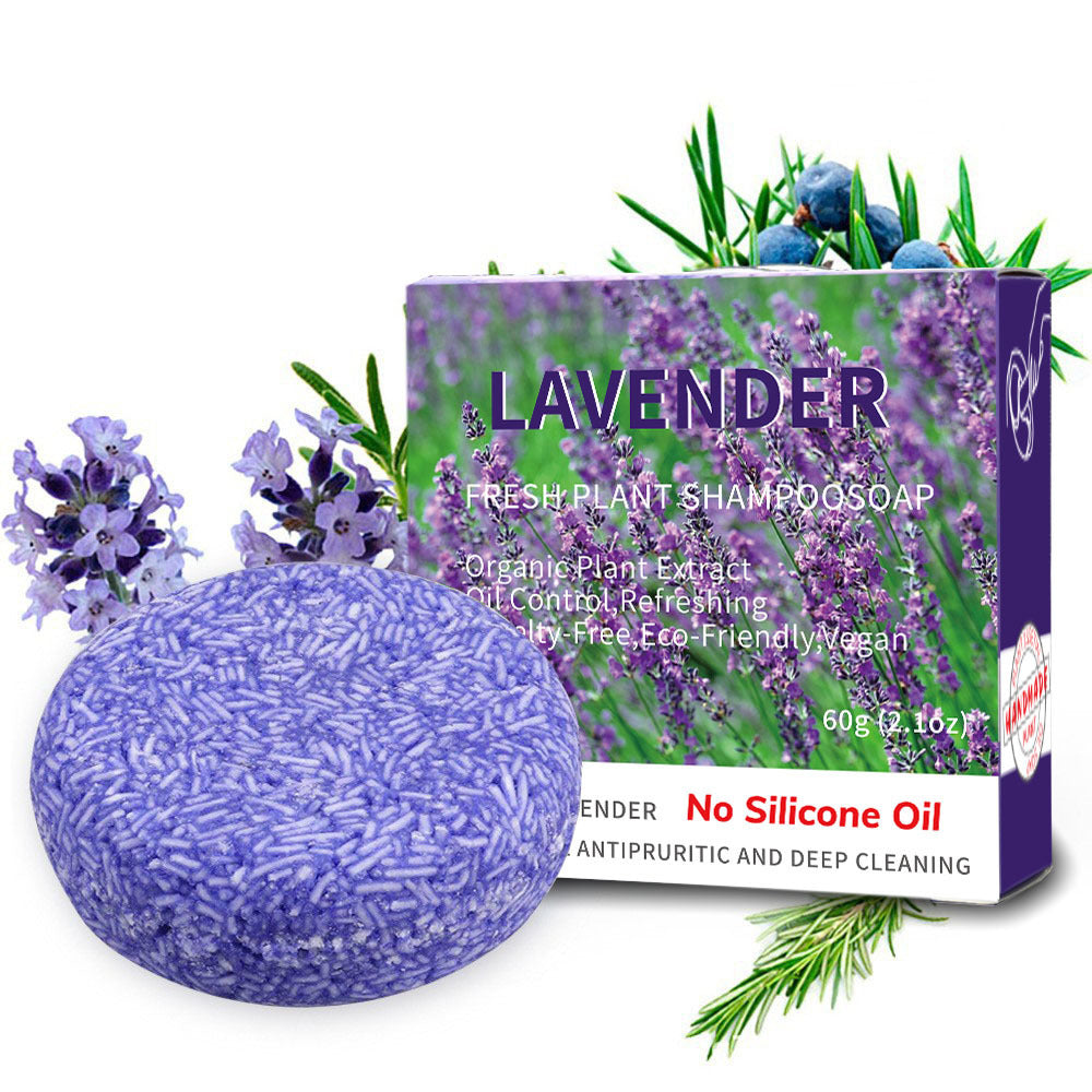 Lavender shampoo bar with packaging on a white background