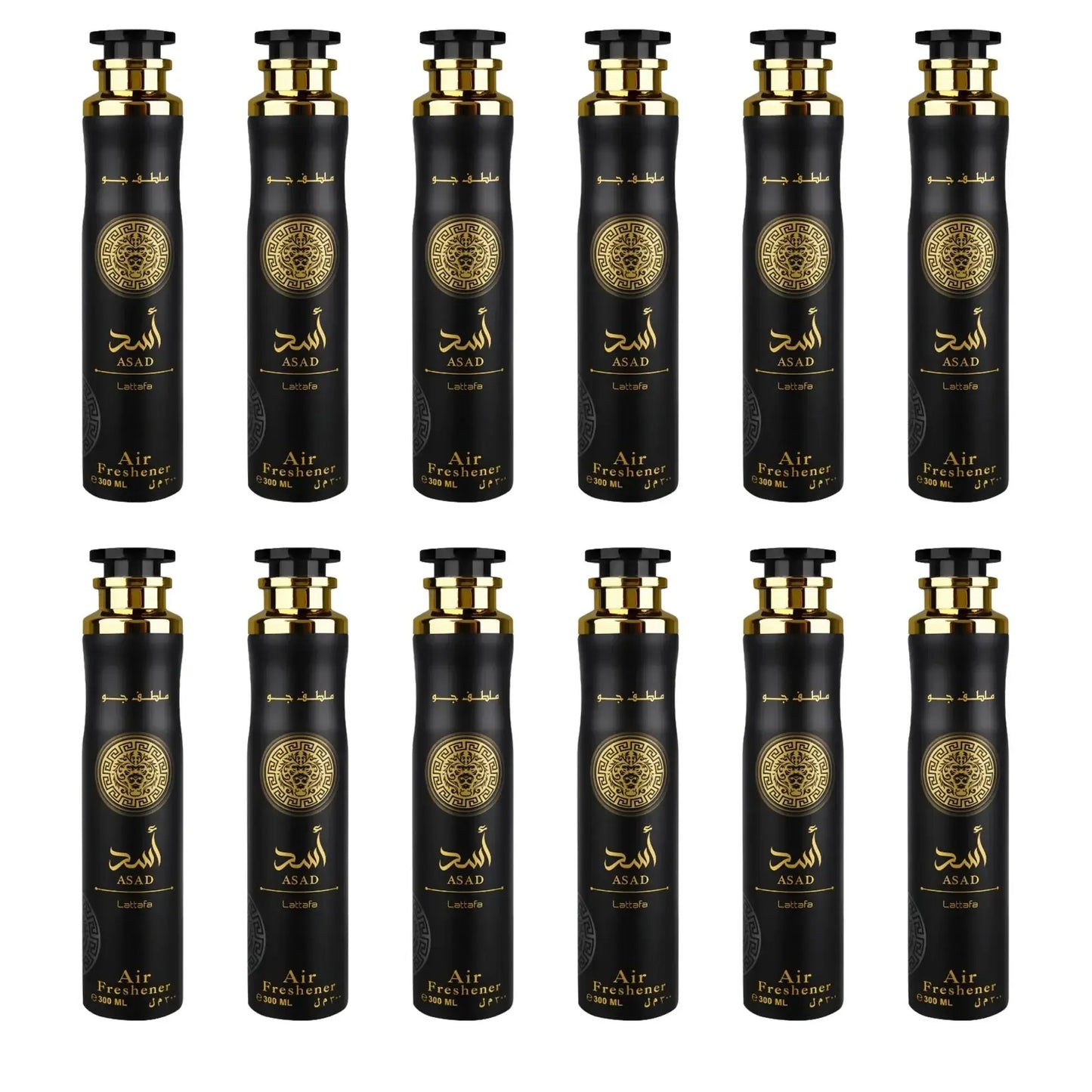 Asad air freshener 12-pack of dark bottles with gold accents and sprayer caps