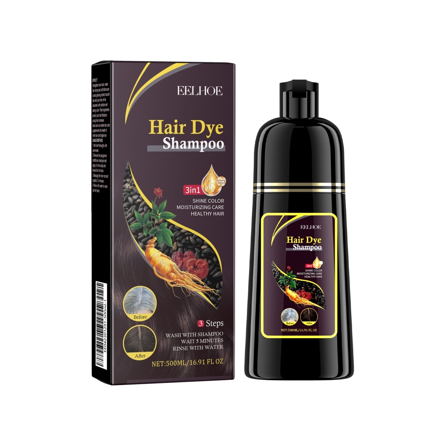 Hair dye shampoo packaging and bottle on a white background