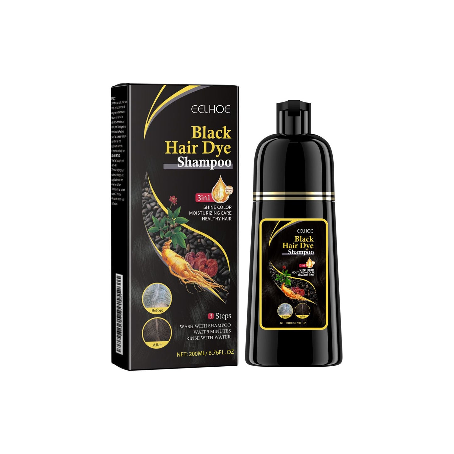 Black hair dye shampoo packaging with brand logo on a white background