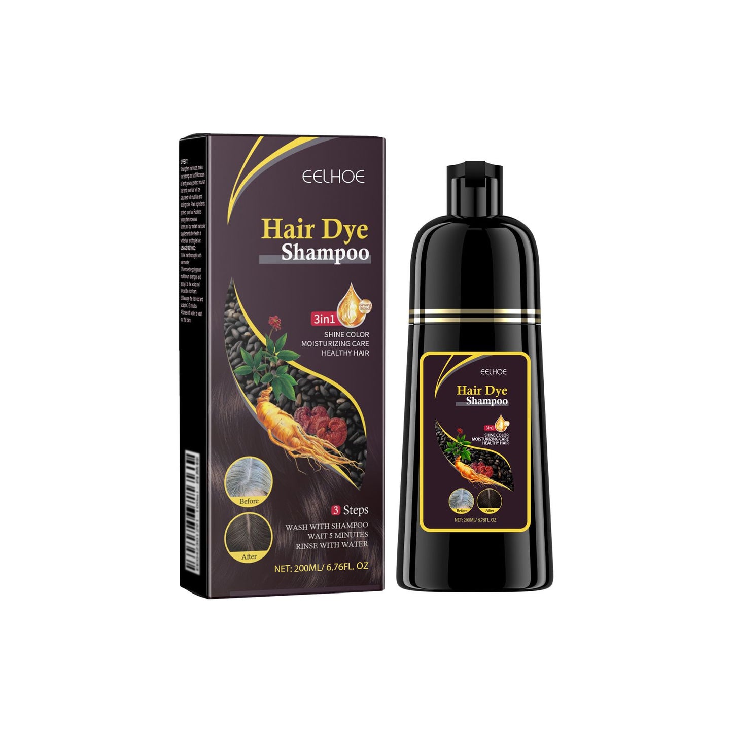 Hair dye shampoo packaging and bottle on a white background
