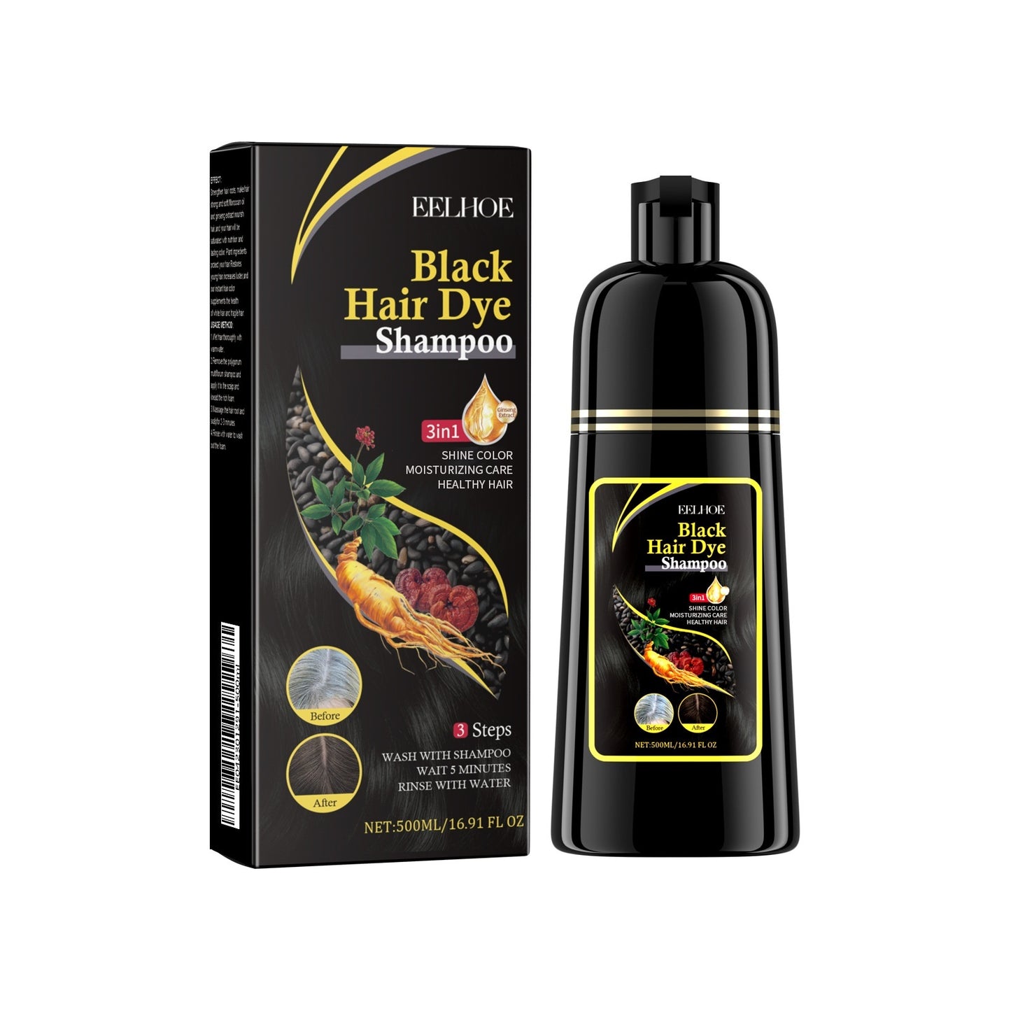 Black hair dye shampoo packaging and bottle on a white background