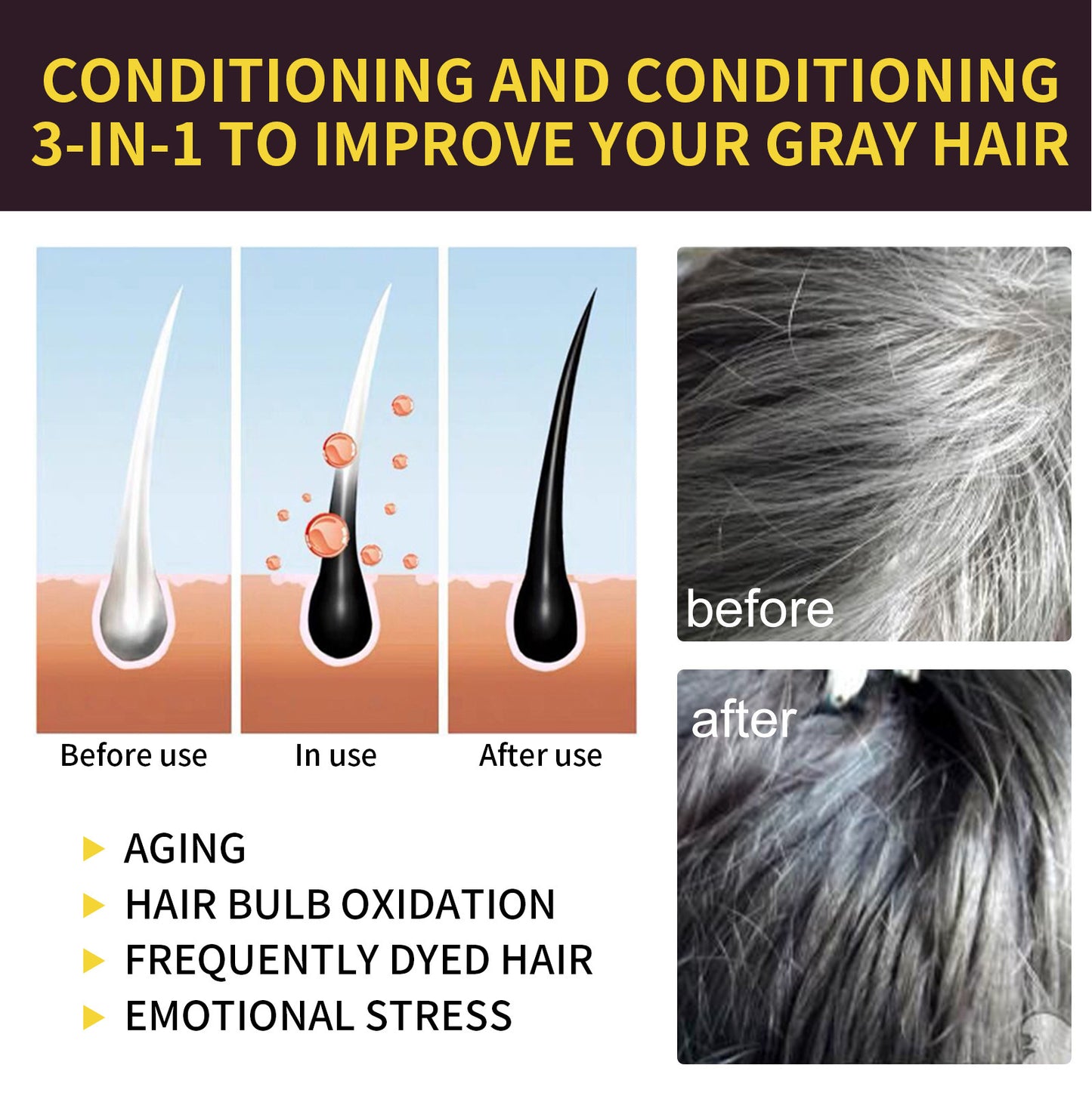Advertisement for a product to improve gray hair with before and after images and text about benefits.